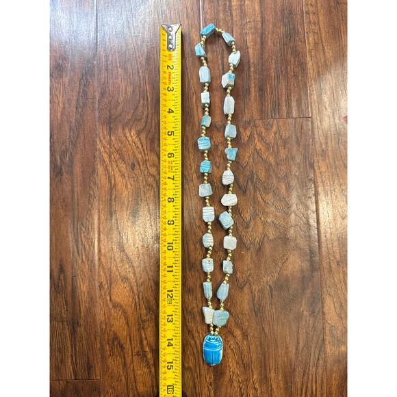 Vintage Egyptian Larimar Carved Stone Scarab Beetle Revival Beaded Necklace Teal - Picture 3 of 6